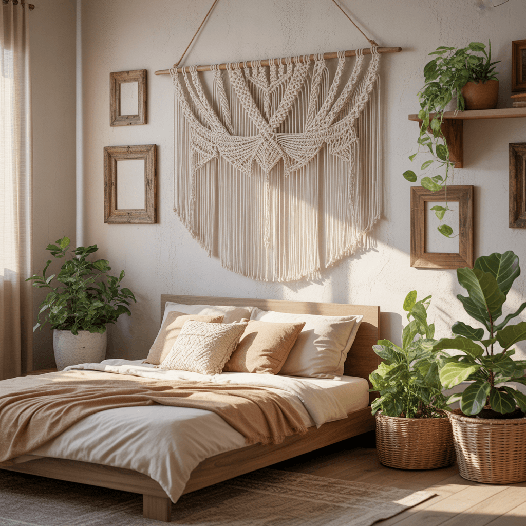 macramé wall hanging in sage green boho bedroom