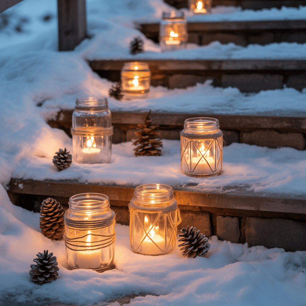  mason jar lanterns wrapped with twine and pine sprigs glowing outdoors