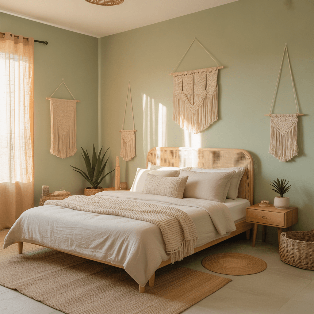 minimalist sage green boho bedroom with plants and cozy decor