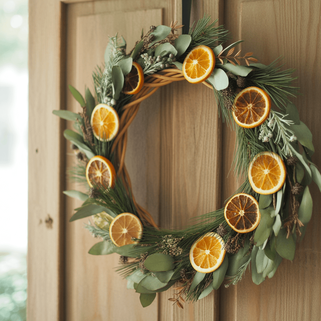 minimalist wreath made with eucalyptus and dried oranges