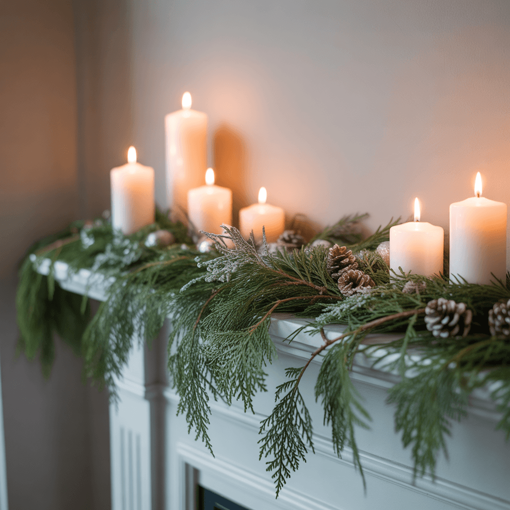 natural christmas greenery on mantel with neutral décor