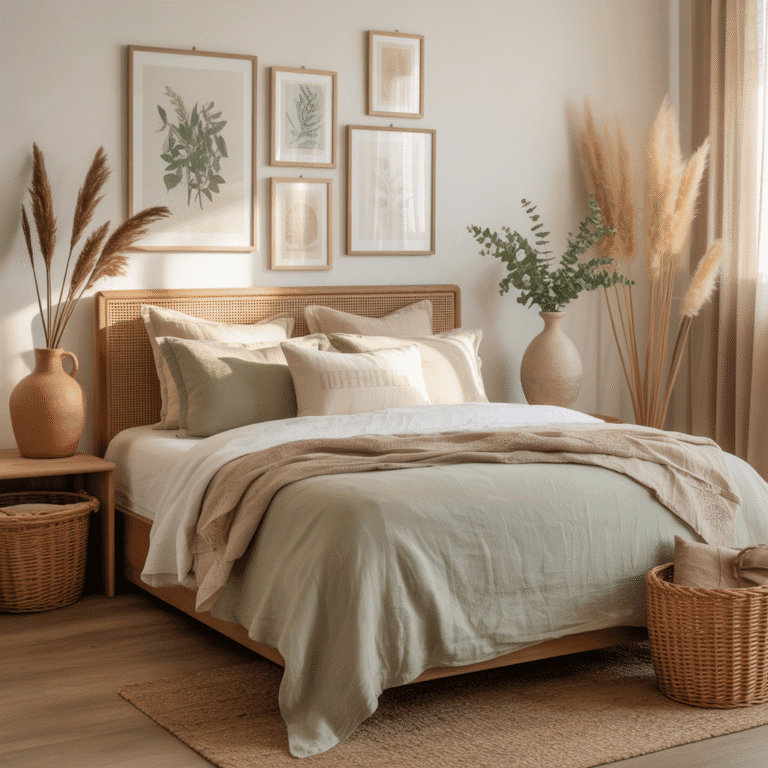 nature-inspired art in sage green boho bedroom