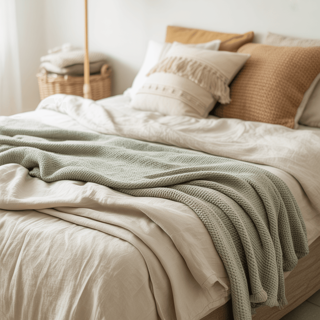 neutral layered bedding, sage green throw blanket, boho pillows, scandinavian textures, minimalist cozy bed styling