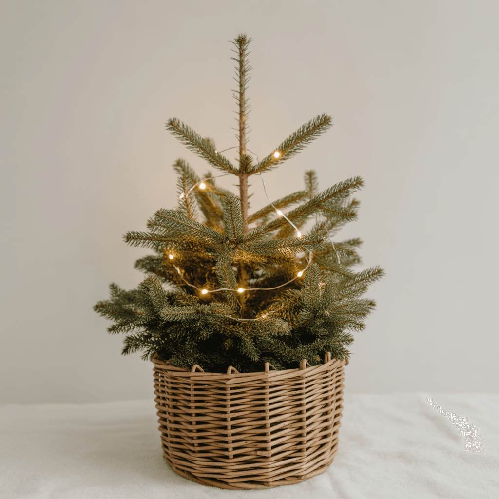  neutral outdoor Christmas tree in basket with white ornaments