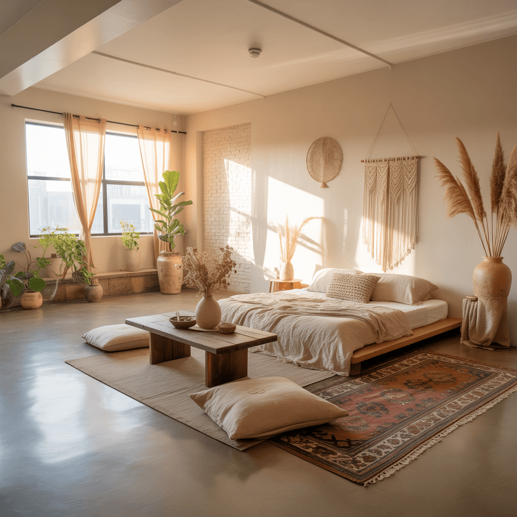 open airy Boho studio with minimal furniture