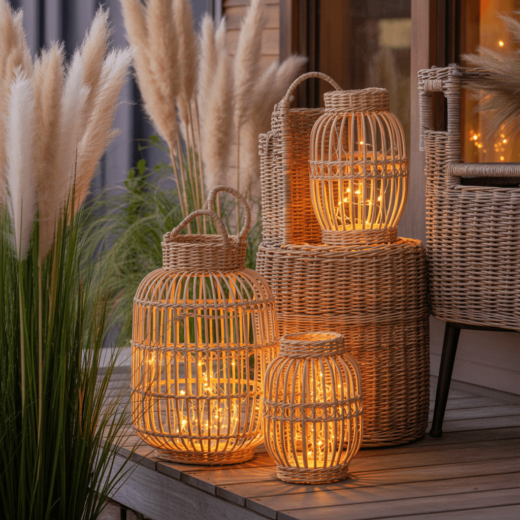 rattan basket lanterns glowing with LED candles