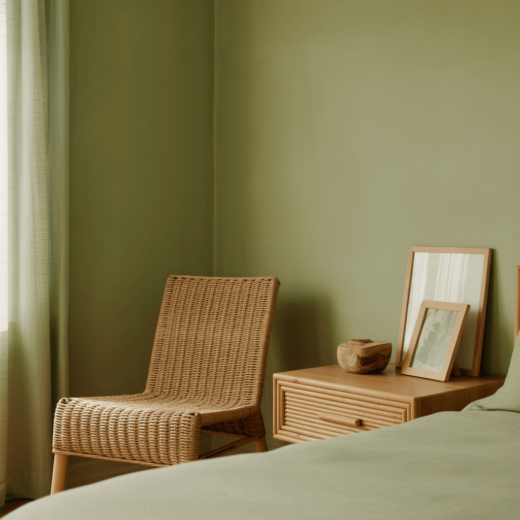 rattan furniture with sage green walls and wooden accents