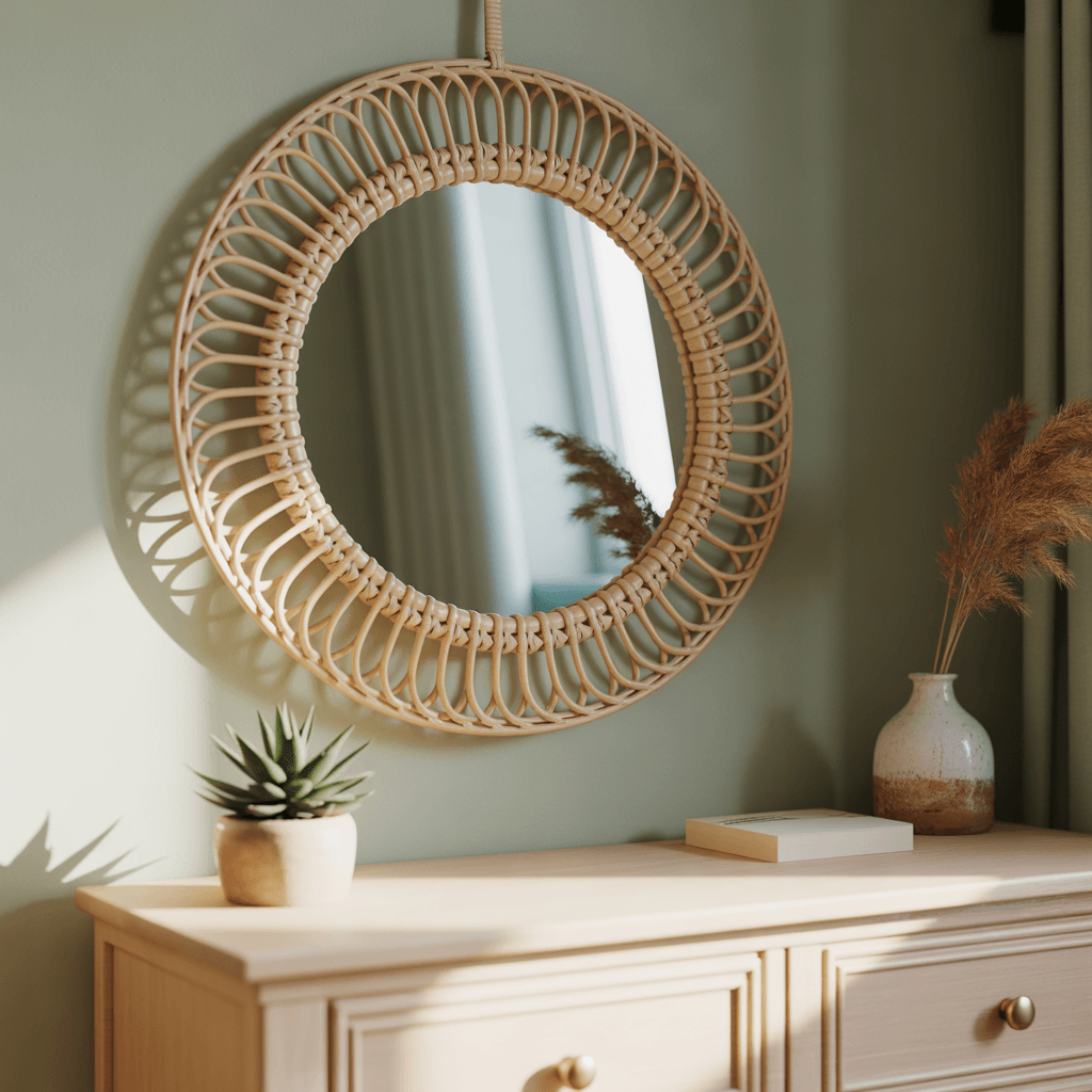 rattan mirror on sage green bedroom wall.