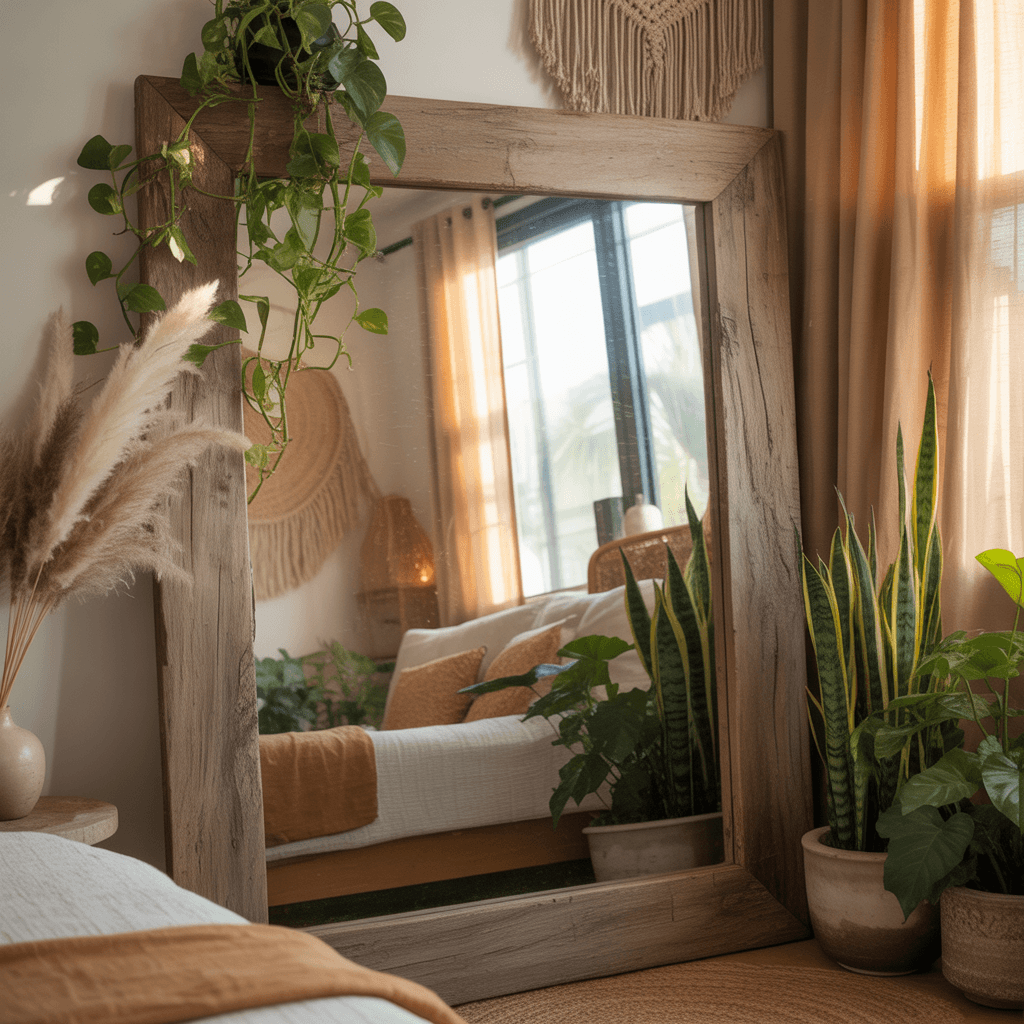  rustic mirror reflecting sage green decor