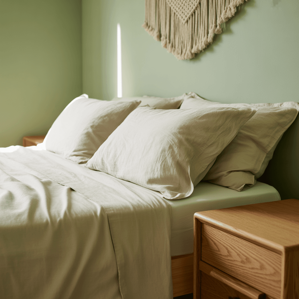 sage green Boho bedroom wall with cream bedding and wooden decor.