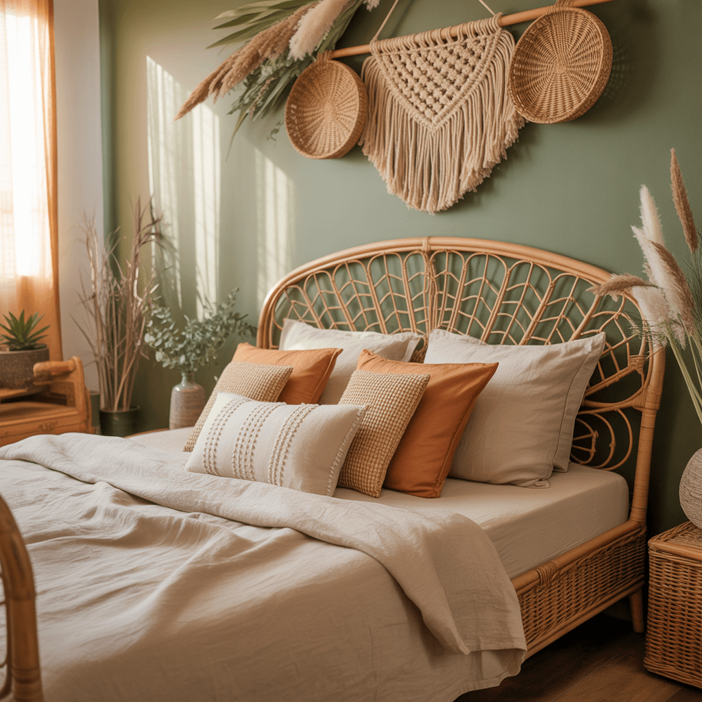 sage green accent wall with boho bedroom decor
