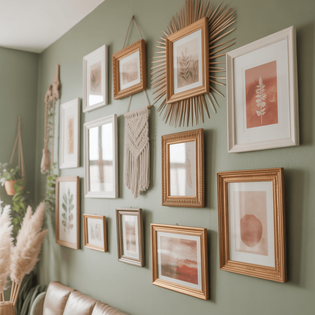 sage green accent wall with boho wall décor