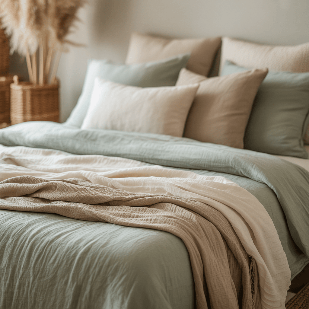 sage green bed with linen and cotton layers