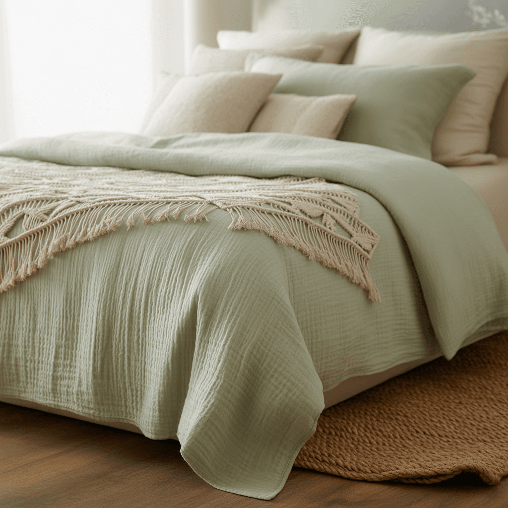 sage green bedding layered with ivory pillows and boho textures
