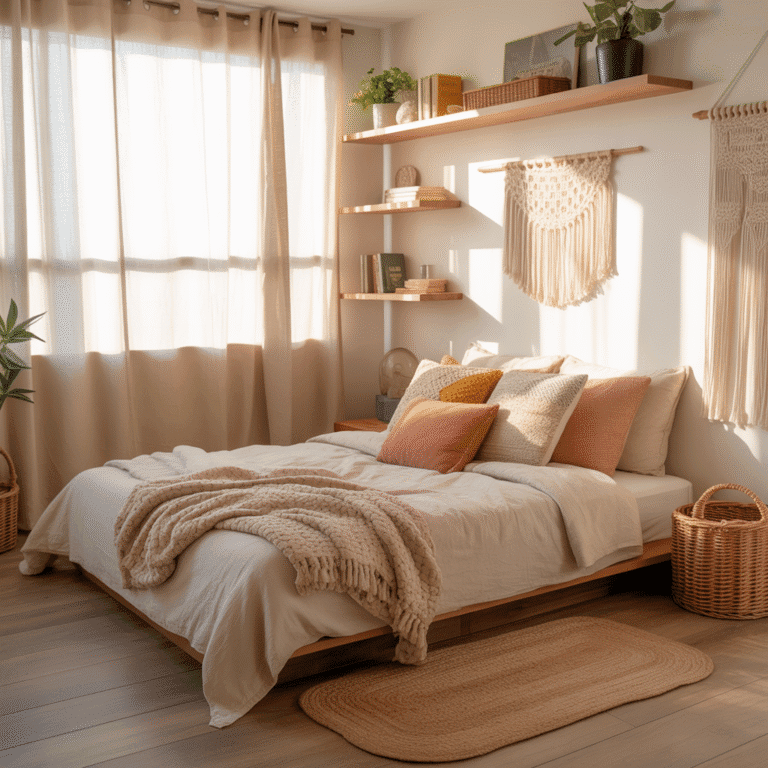small Boho bedroom with smart layout and neutral tones