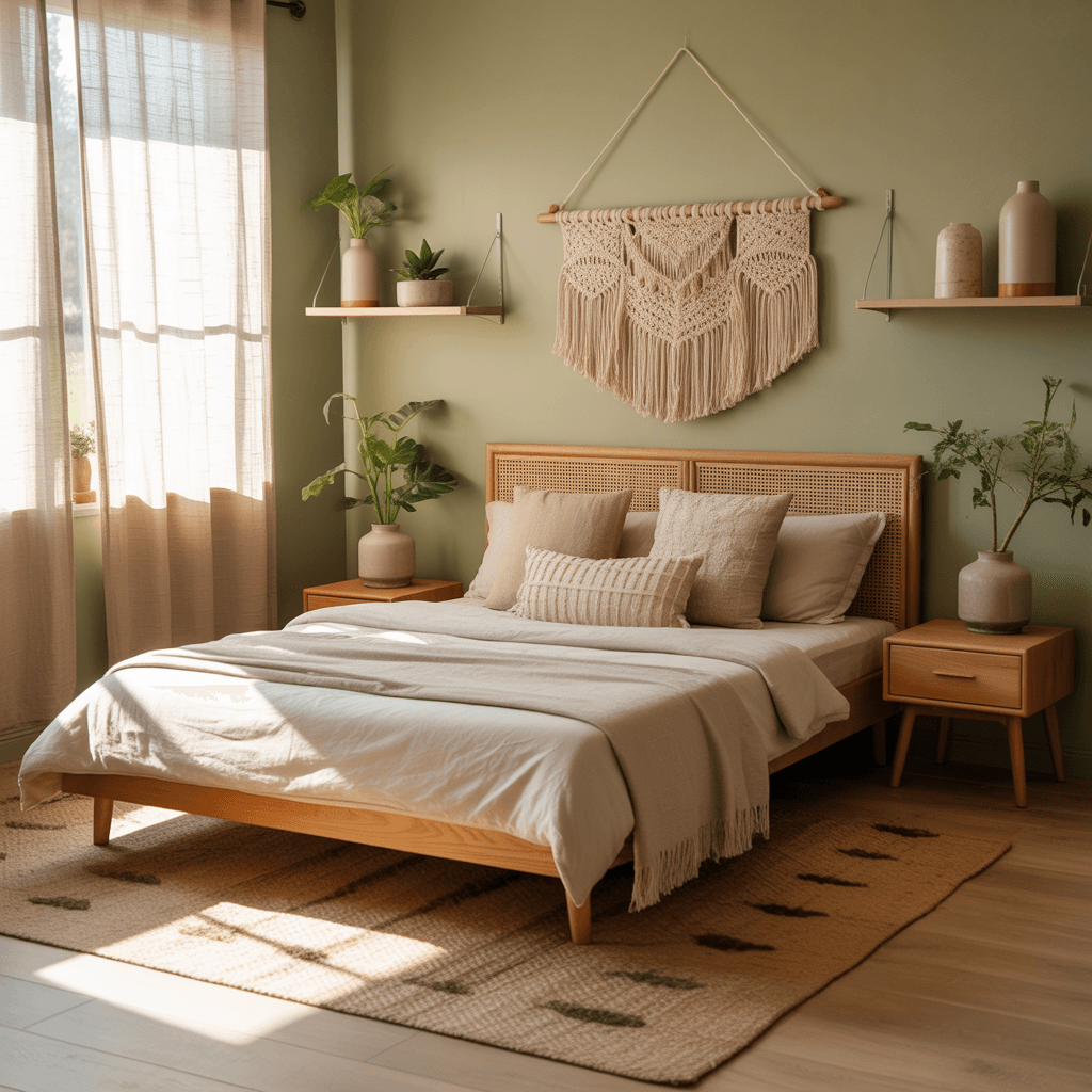  small sage green boho bedroom with layered décor