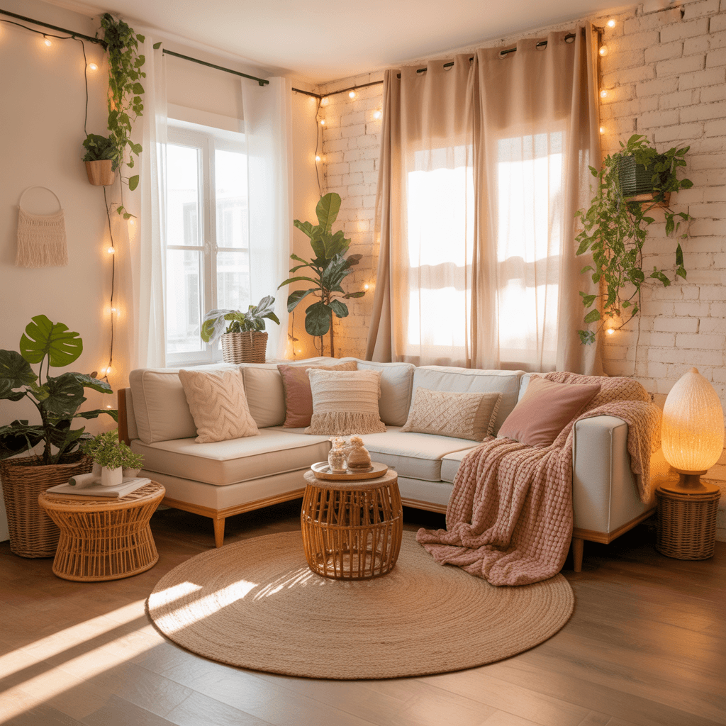 soft Boho apartment with layered lighting and natural materials