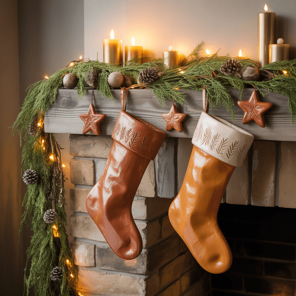 terracotta christmas mantel with warm lights and natural garland