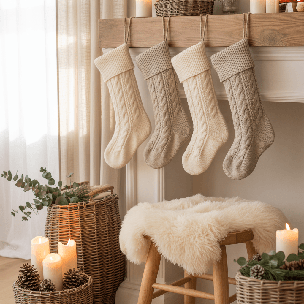 textured neutral christmas décor with knit stockings and rattan accents