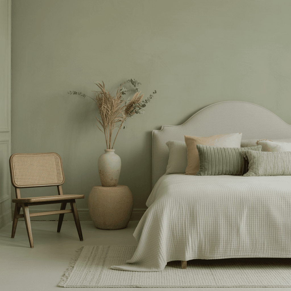 vintage decor in sage green boho bedroom