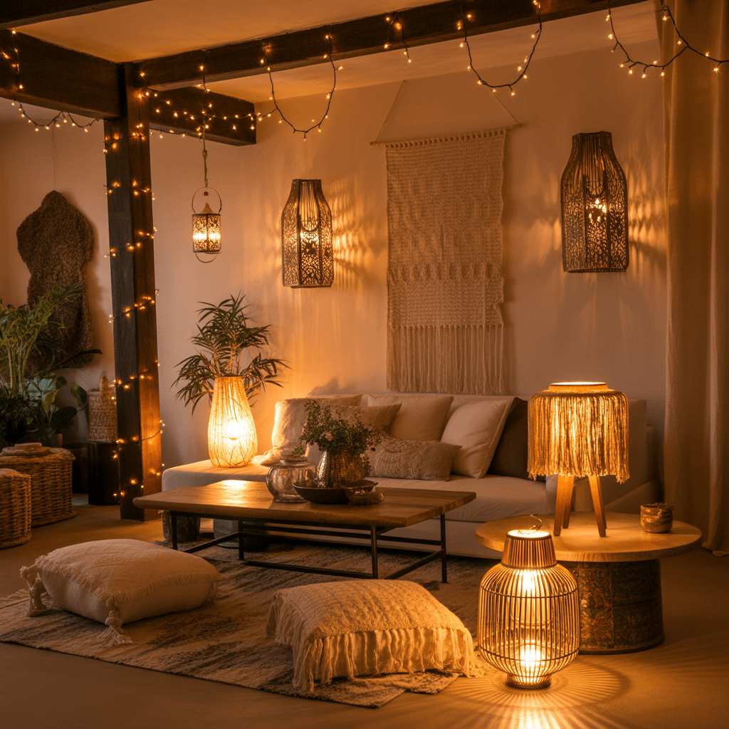 warm Boho lighting in a small room