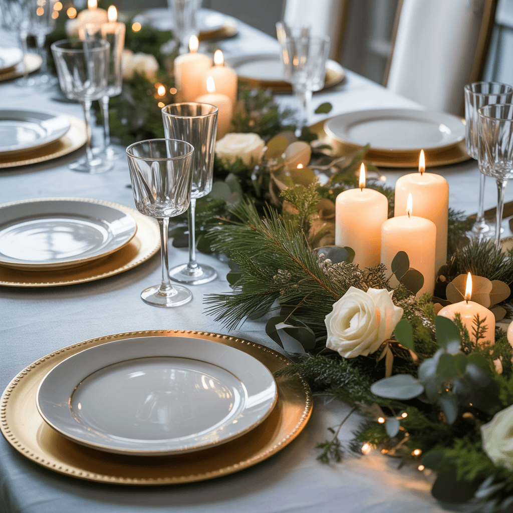 white and gold christmas dining table with elegant tablescape