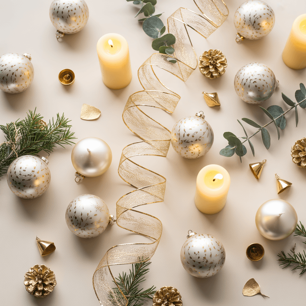 white and gold christmas flatlay with ornaments and ribbons