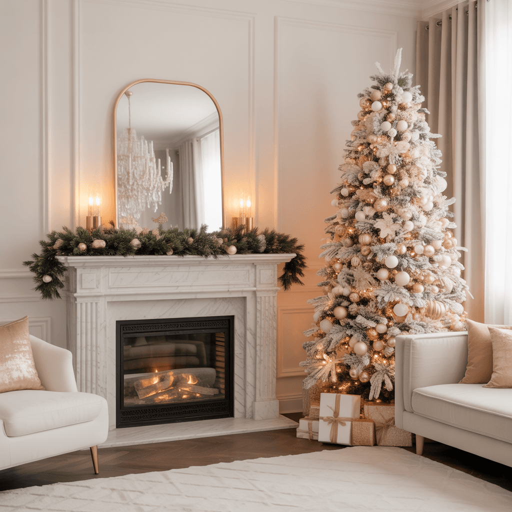 white and gold christmas home decor living room with luxury festive accents