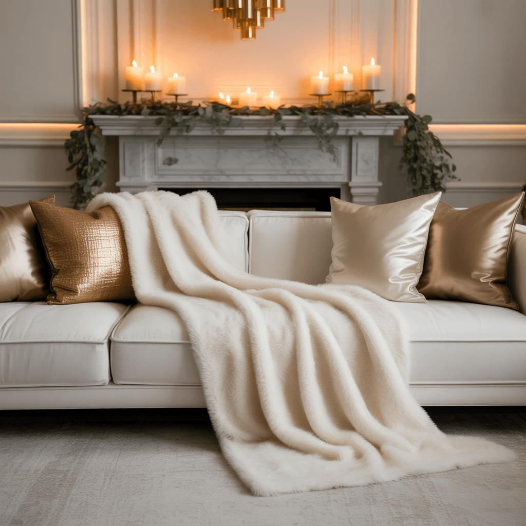 white and gold christmas living room with soft glam decorations