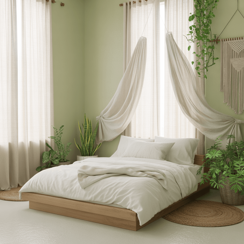  white and sage green boho bedroom decor