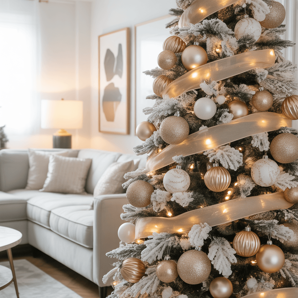 white flocked christmas tree with gold ornaments in modern glam room