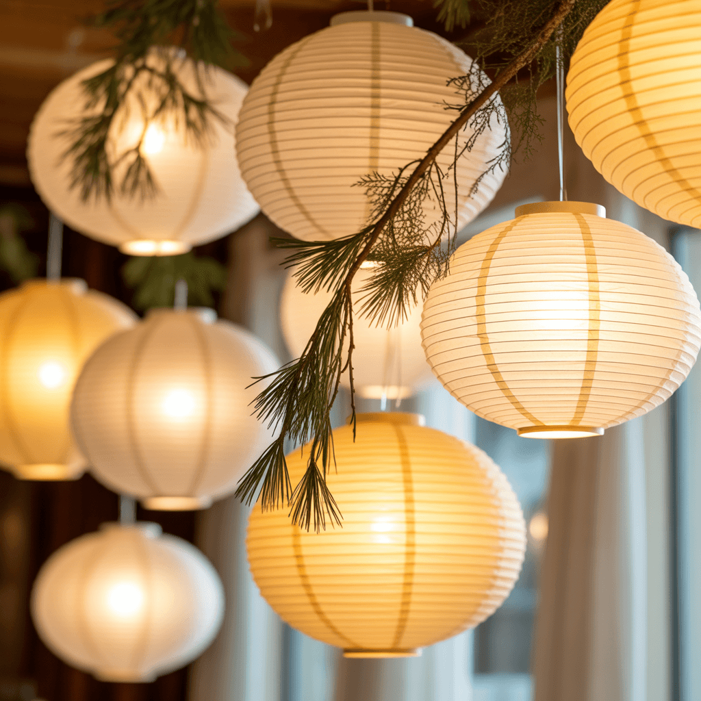 white lanterns with candles on neutral Christmas porch
