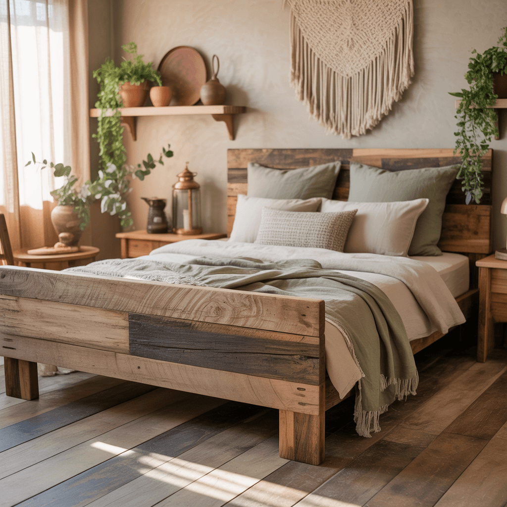 wooden bed frame and wicker chair in boho bedroom