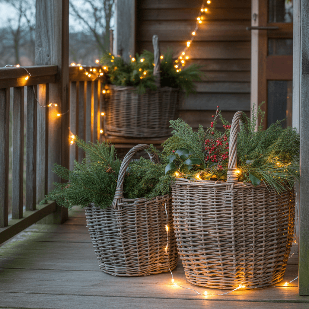  woven basket filled with pine and neutral ornaments