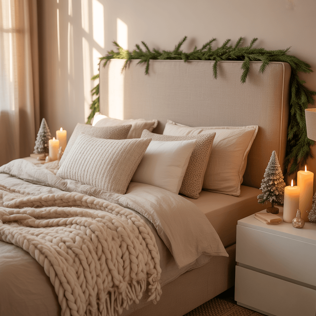 Beige Christmas tablescape with candles, soft linens, and greenery.