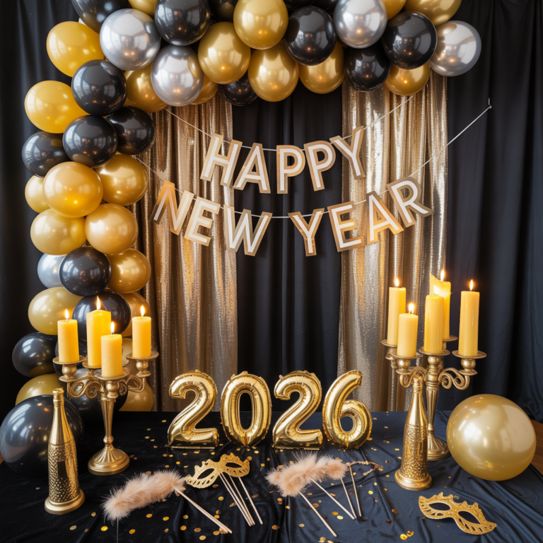 Black and gold DIY New Year photo booth decor glam setup