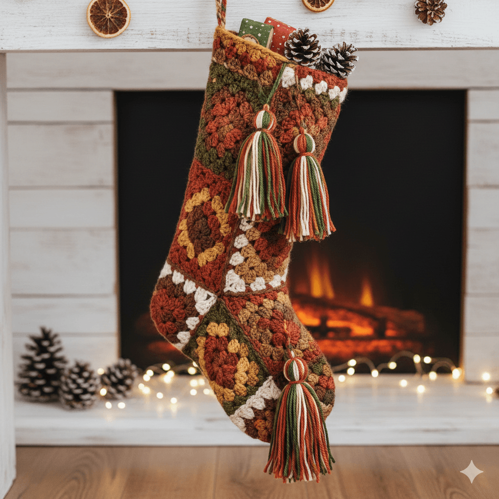 Boho Christmas mantel with neutral stockings and natural décor.