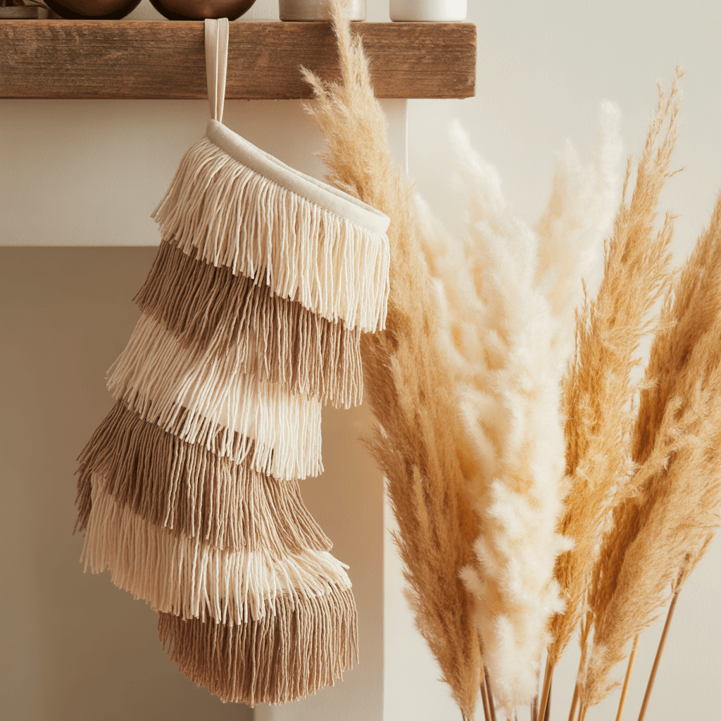  Boho Christmas stocking with layered beige fringe.