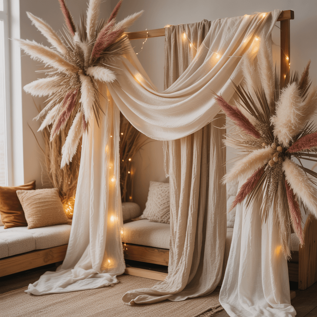 Boho DIY New Year backdrop using fabric with pampas grass