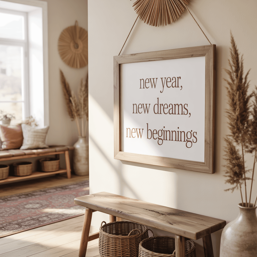 Boho New Year wall art in entryway