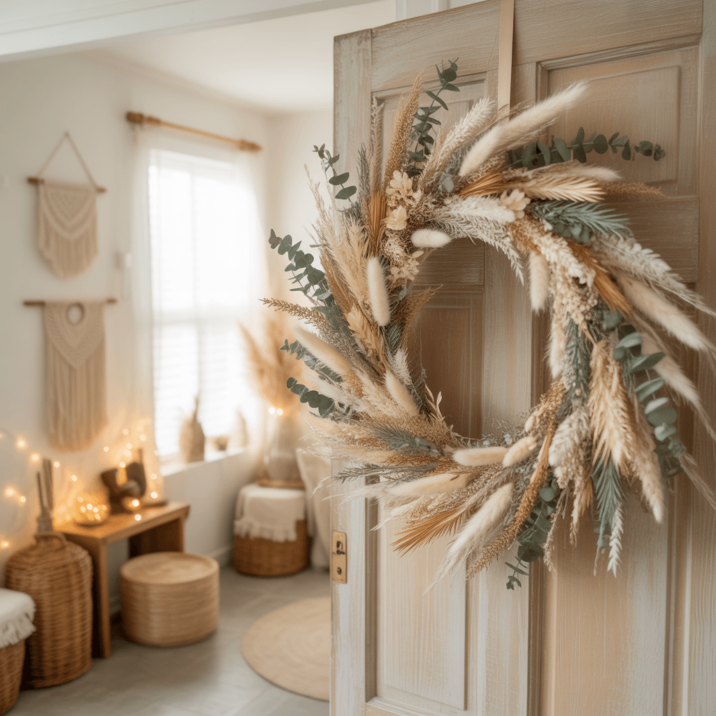 Boho New Year wreath in entryway