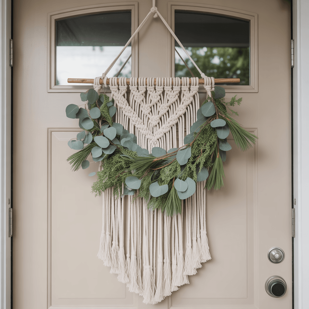  Boho door swag combining macramé cord with fresh eucalyptus and pine sprigs