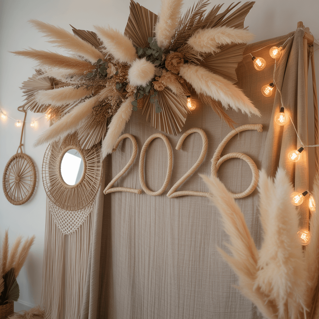 Boho style DIY New Year photo booth decor with pampas grass