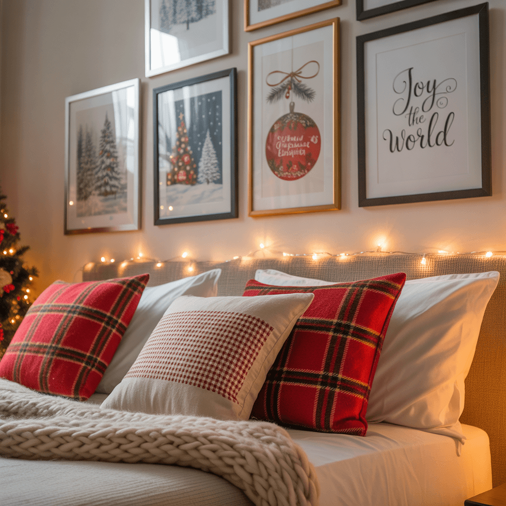 Christmas bedroom featuring neutral holiday prints on the wall