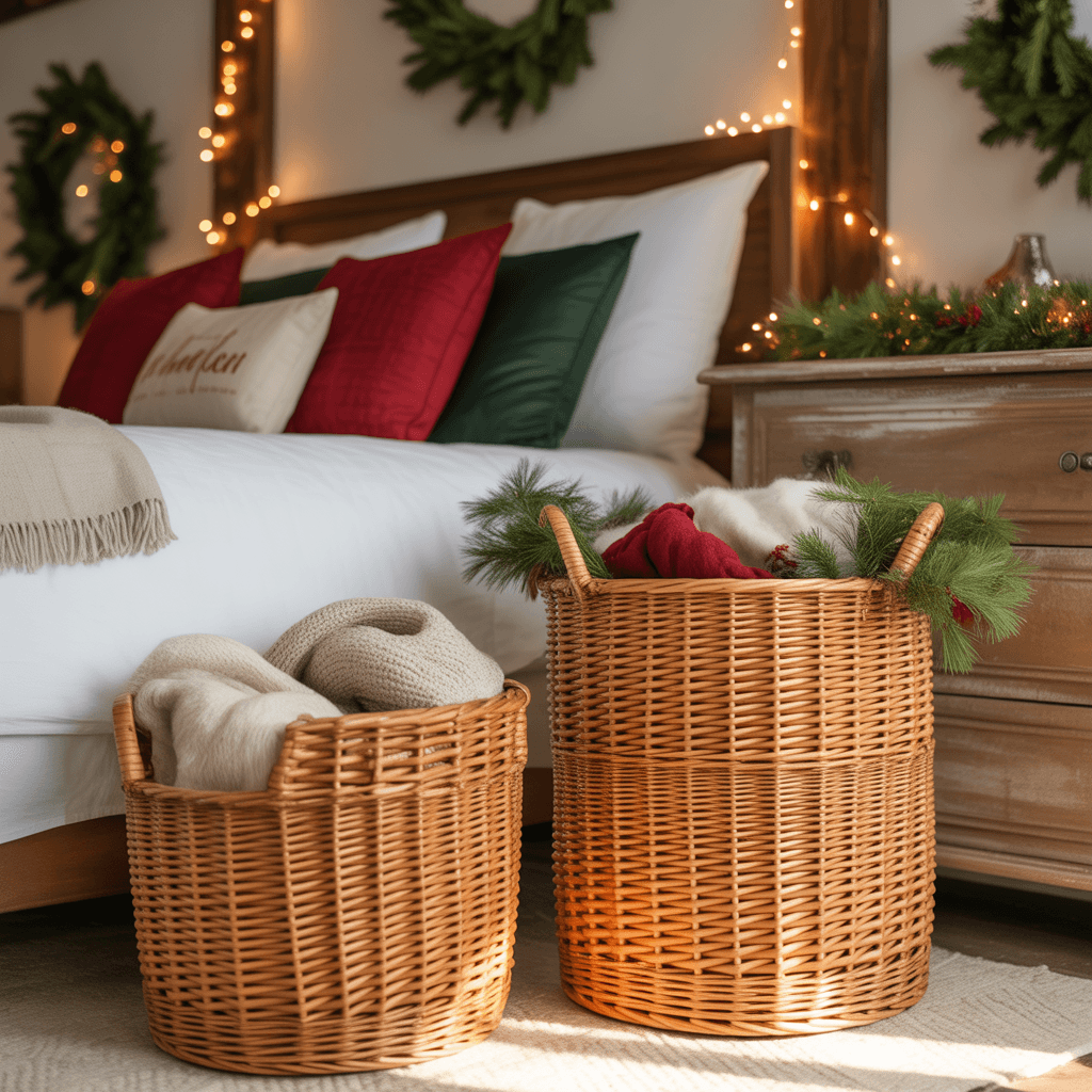 Christmas bedroom featuring woven storage baskets for blankets