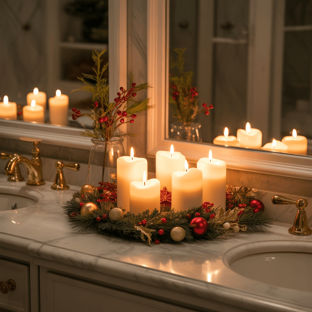Christmas candles adding warm light to bathroom décor.