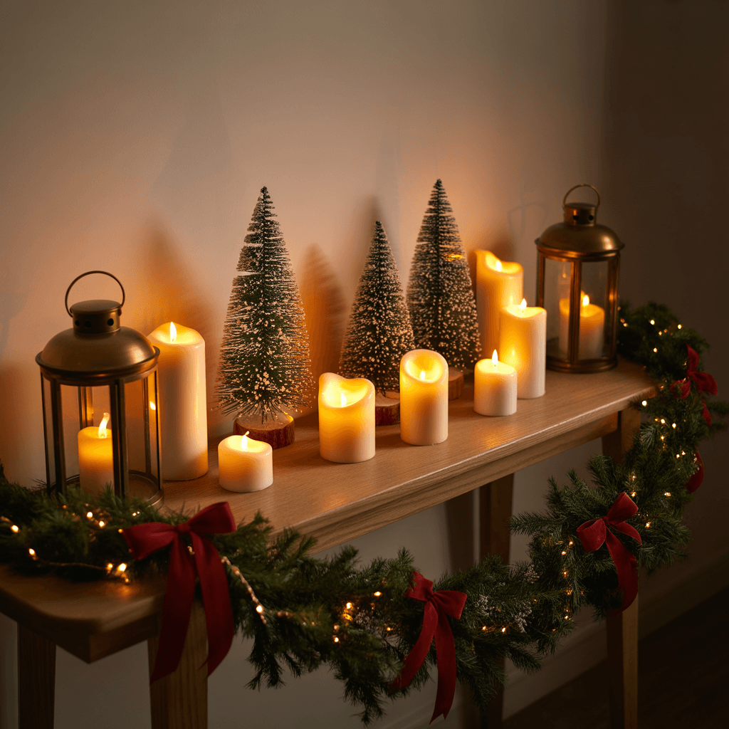 Christmas console table decorated with candles and mini holiday trees