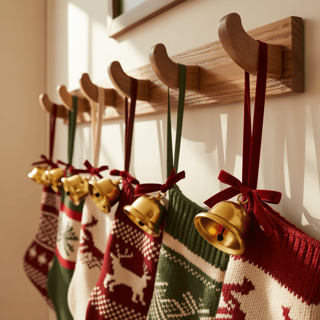 Christmas stockings and gold bells styled on entryway hooks