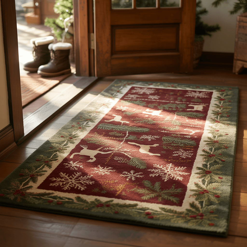 Christmas-themed entryway rug with winter patterns
