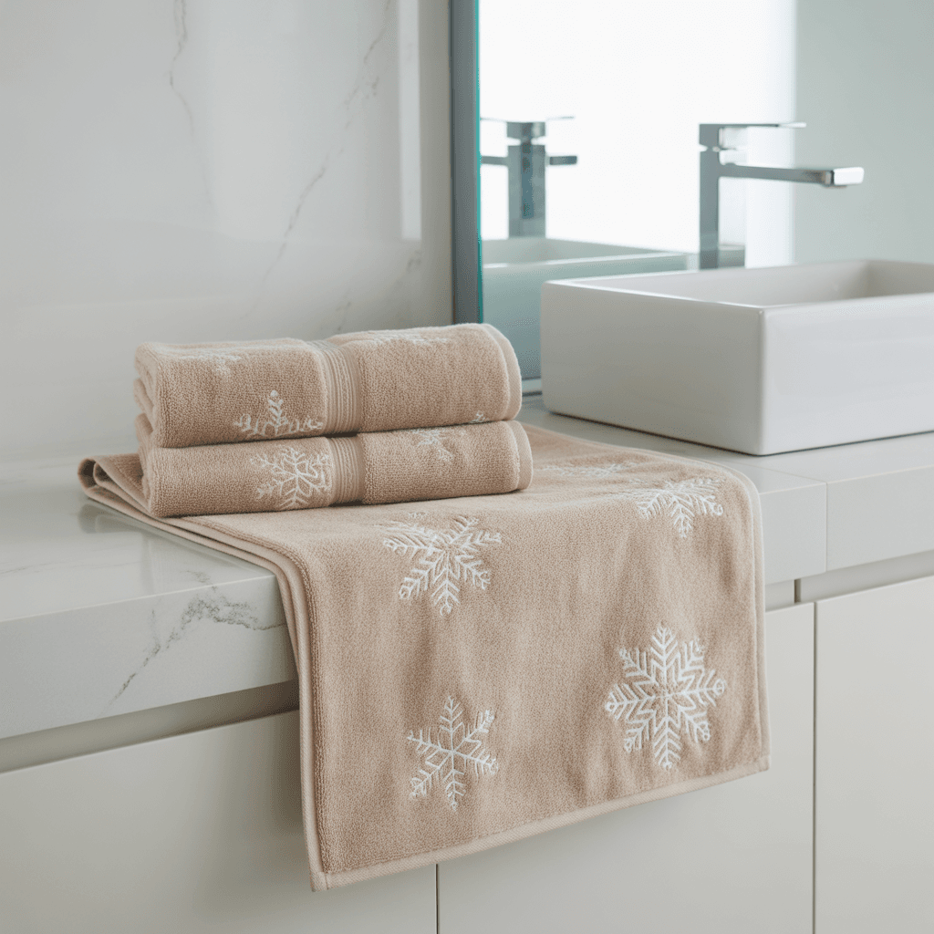 Christmas-themed towels in a festive modern bathroom.